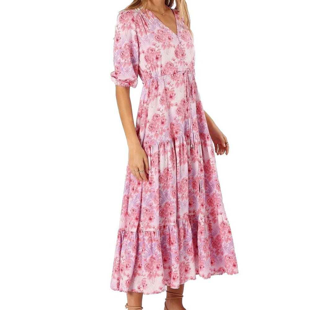Petal & Pup Kelda Dress SMALL Floral‎ Print Maxi Tiered Pink Purple Cottage Boho